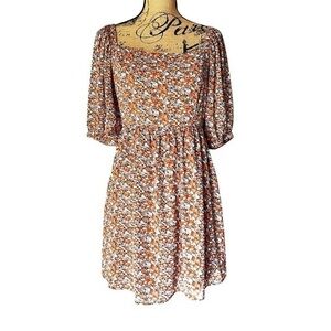 Nordstrom Code + Mode Prairie Floral boho dress smocked ruched puff sleeve Sz M